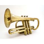Musical Instruments : A mid-20thC unsigned brass cornet / trumpet , having three valves , conical