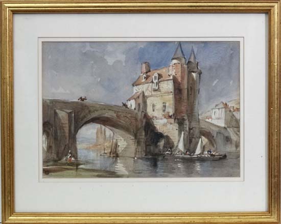 Attributted to George Vicat Cole (1833-1893),
Watercolour,
Continental town and bridge over river,