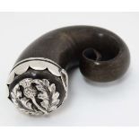 A 19thC Scottish rams horn snuff mull with silver mounts and thistle decoration. Marked JB JB