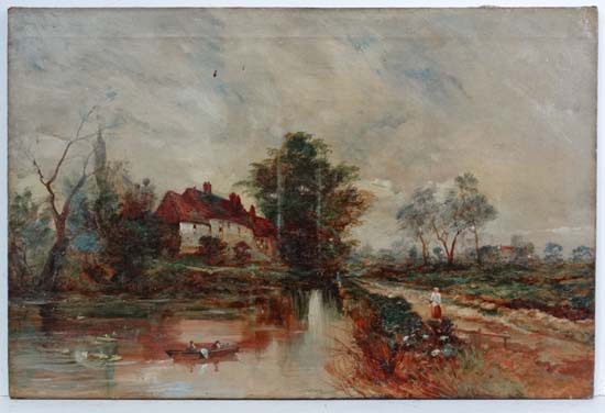 Manner of Dan Sherrin late XIX,
Oil on canvas,
Country Scene with cottages and figures by a