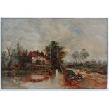 Manner of Dan Sherrin late XIX,
Oil on canvas,
Country Scene with cottages and figures by a