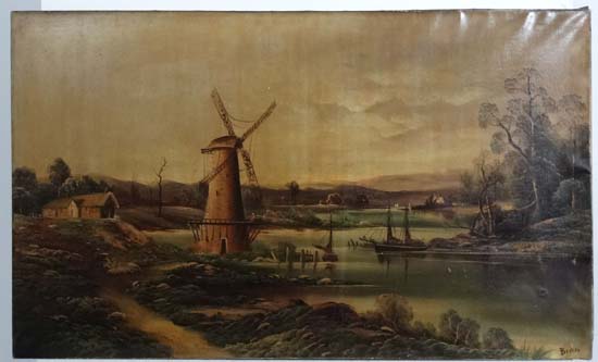 Becker early - Mid XX,
Oil on canvas,
Extensive landscape with Windmill, sail barges and cottage