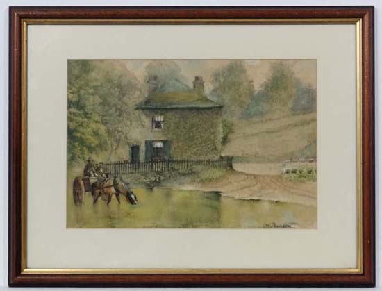 W.Burton XIX-XX,
Watercolour with gouache,
Horse and trap drinking in a ford besides a cottage,