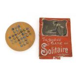 A mid 20thC Spear Series '' Solitaire '' wooden game board and marbles , in original box. 7'' x 9''.