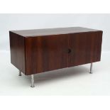 Vintage Retro : a Danish rosewood? 2 door low cabinet on turned aluminium legs with 2 cupboard