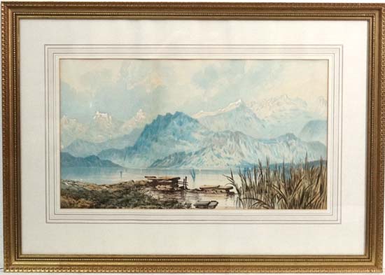 Early XX ,
Watercolour and gouache,
Lake before snow capped mountains,
Aperture 10 1/2 x 18 3/4".