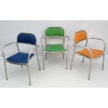 Vintage Retro : a set of 3 Italian 1950's feel open arm aluminium stacking chairs with blue,