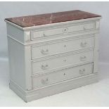 A French four drawer painted chest with rouge marble top 44" wide x 20 1/2" deep x 36 1/2" high