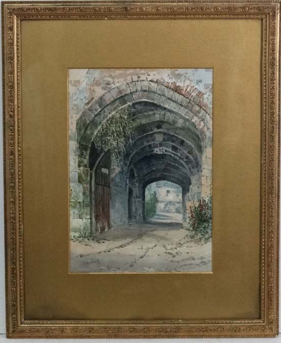 P Harding XIX,
Watercolour,
' Gate way Dorchester Castle ',
Signed and partially titled lower left ,