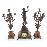 Clock and garniture set :  a Rojo Alicante style marble cased 8 day clock with Marti movement no.