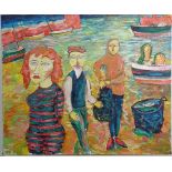 Follower of J Bellany 1942 Scottish , Expressionist School,
Oil on canvas,
Fisherfolk in the