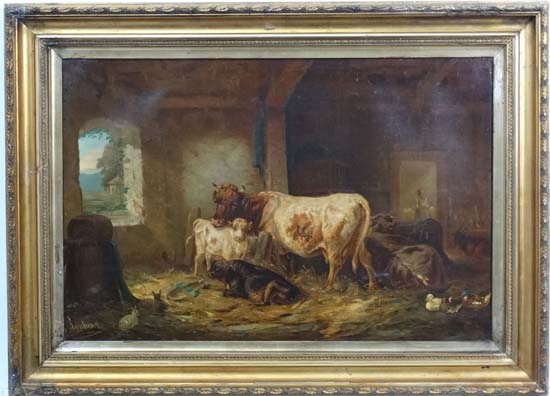 After Louis ( Ludwig) Reinhardt ( 1849-1870),
Olegraph,
Cattle in a barn,
Bears facsimilie signature