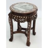 Chinese Mother of pearl inlaid hard wood side table / stand with inset circular grey marble top, the