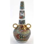 A handpainted Japanese Satsuma style two handled bottle vase with tapering neck, decorated with