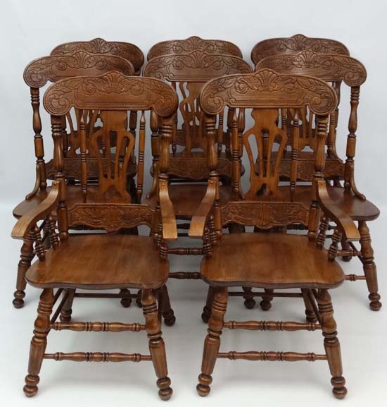 A late 20thC American style twin pedestal extending oak D-ended dining table having 2+6 chairs ( the - Image 6 of 7