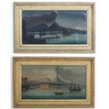 C. 1880 Neapolitan School,
Oil on canvas, a pair,
Bay of Naples, Vesuvius erupting by day and by