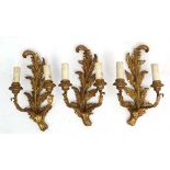 Three carved wooden wall sconces in the form of twin branch gilded acanthus each approx 13 1/2" high