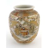 A Japanese Satsuma vase of ovoid form decorated with 4 panels with warring figures, sages in a