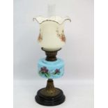 A Duplex twin burner oil lamp with associated shade 21 1/2" high  CONDITION: Please Note -  we do