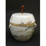 A Chinese lidded 4 handled jar decorated with Chinese characters and figures , including a man on