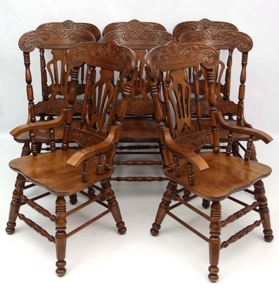 A late 20thC American style twin pedestal extending oak D-ended dining table having 2+6 chairs ( the - Image 7 of 7