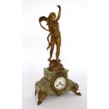 French 8 day Figural Mantle clock : a gilt spelter, ormolou and green marble 8 day clock green