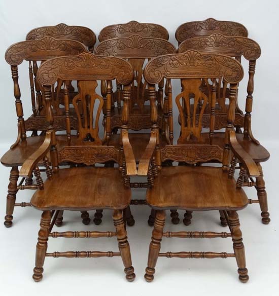 A late 20thC American style twin pedestal extending oak D-ended dining table having 2+6 chairs ( the - Image 5 of 7