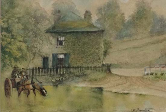 W.Burton XIX-XX,
Watercolour with gouache,
Horse and trap drinking in a ford besides a cottage, - Image 3 of 4