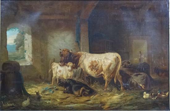 After Louis ( Ludwig) Reinhardt ( 1849-1870),
Olegraph,
Cattle in a barn,
Bears facsimilie signature - Image 3 of 4