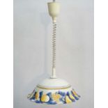 A rise and fall pendant lamp with pottery hand painted shade . Approx 14 3/4" diameter  CONDITION: