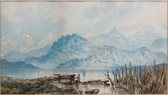 Early XX ,
Watercolour and gouache,
Lake before snow capped mountains,
Aperture 10 1/2 x 18 3/4". - Image 3 of 3