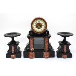 French 8 day 'Notaire' clock and garnitures : a circa 1900 large black slate and Rosso Verona marble