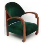 An Art Deco walnut upholstered open arm chair 29" high x 21 3/4" wide  CONDITION: Please Note -