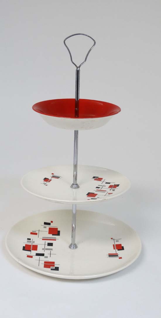 Retro Ceramics: A 1950s '' Gayday '' pattern , Palissy three-tiered cake stand, decorated in red ,