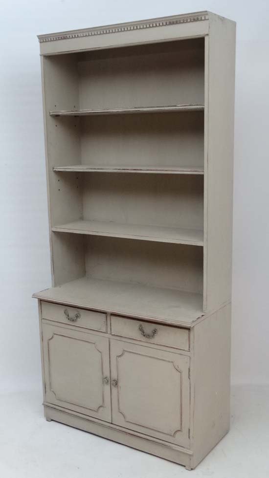 Vintage Retro : a mid 20 thC cream painted narrow dresser with 4 open front shelves, under a - Image 2 of 4