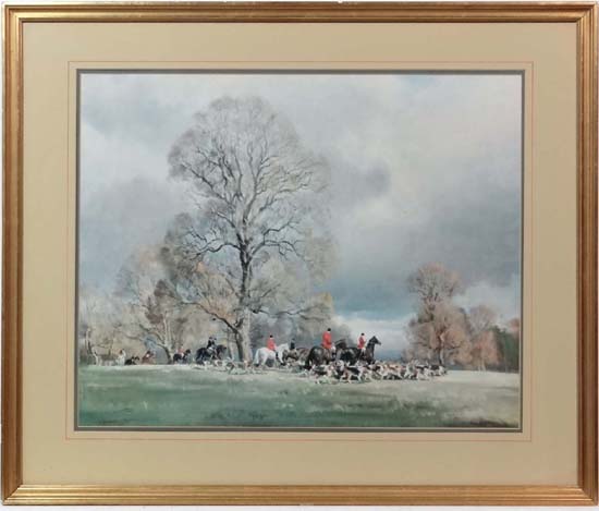 After Frank Wootton ( 1911-1998),
Coloured hunting print,
Hunt and hounds in a park,
Bears