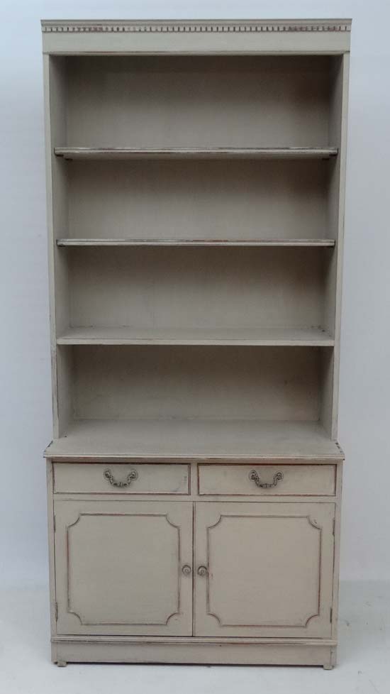 Vintage Retro : a mid 20 thC cream painted narrow dresser with 4 open front shelves, under a