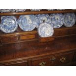 FIVE VARIOUS BLUE AND WHITE TRANSFER PLATES and a WARMING PLATE, 9", Early 19th Century