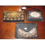 A HAND EMBROIDERED PLUSH EVENING BAG and TWO TAPESTRY COVERED EVENING BAGS