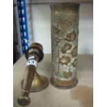 A TRENCH ART BRASS SHELL CASE with flower and leaf decoration, 9", and a BRASS WALL MOUNTED CANDLE