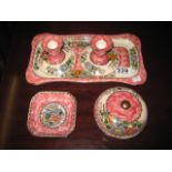 A LUSTRE POTTERY DRESSING TABLE SET of six pieces, Peony Rose pattern, Maling