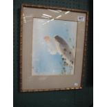 A SIGNED WATERCOLOUR of two carp, 11" x 9", in a glazed and gilt bamboo style frame, Japanese,