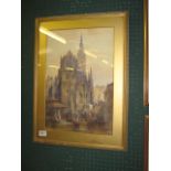 C. ROUSSE, A WATERCOLOUR of a Continental Cathedral beside a busy canal, 19.5" x 13", in a gilt