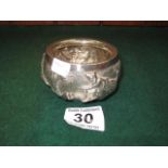 AN INDIAN SILVER BOWL with embossed hunting scene decoration, approx 3oz, 3.25" diameter