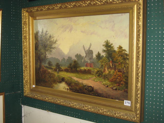 ATTRIBUTED TO W.W. CAFFYN, AN OIL ON CANVAS of a rural landscape with windmill and cottage in the