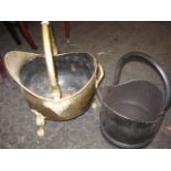 A POLISHED BRASS COAL SCUTTLE another COAL SCUTTLE and a SMALL FIRE FRONT