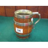 AN OAK BOUND BARREL MUG with plated mounts and handle, 6" high