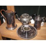 A PLATED CHAMBER STICK, A BACHELORS TEAPOT, A LIDDED FLAGON and A WATER JUG