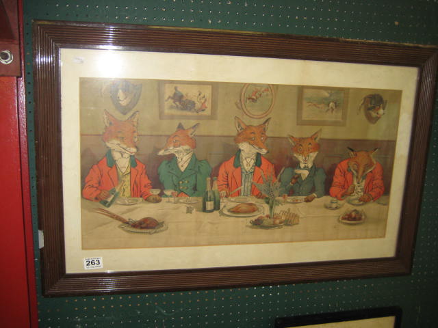 AFTER HARRY NEILSEN, A COLOURED CARTOON PRINT 'Mr Fox's Hunt Breakfast on Xmas Day', 13.5" x 27.