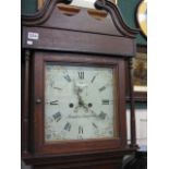 AN OAK AND MAHOGANY BANDED LONG CASE CLOCK, the hood having a broken swan neck pediment and turned